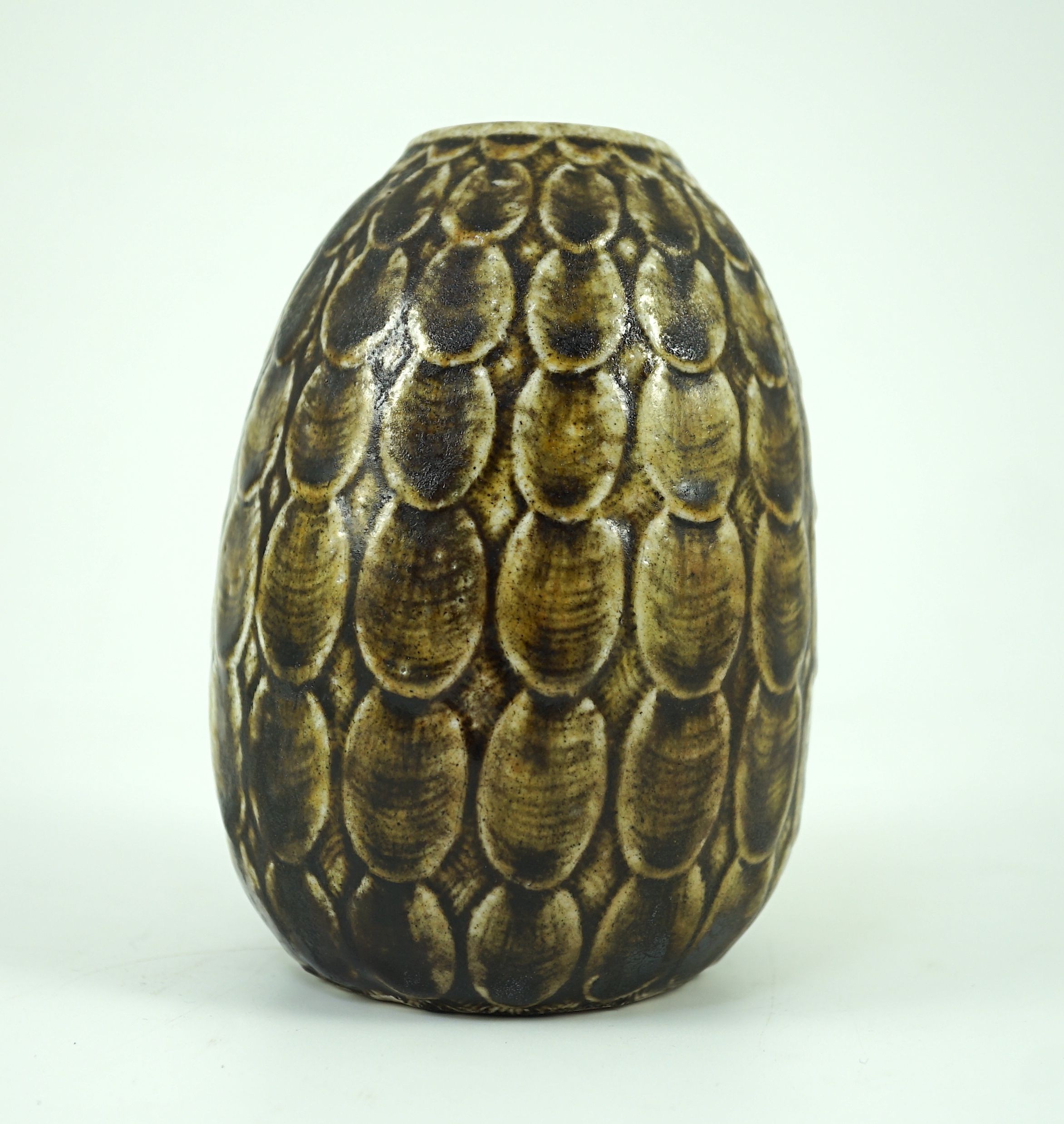 A Martin Brothers scale pattern ovoid small vase, dated 1910, 13.5 cm high